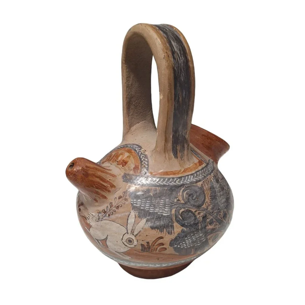 Tonala Pottery Double Spout Water Jug Rabbit Floral Agave Design Mexico Folk Art